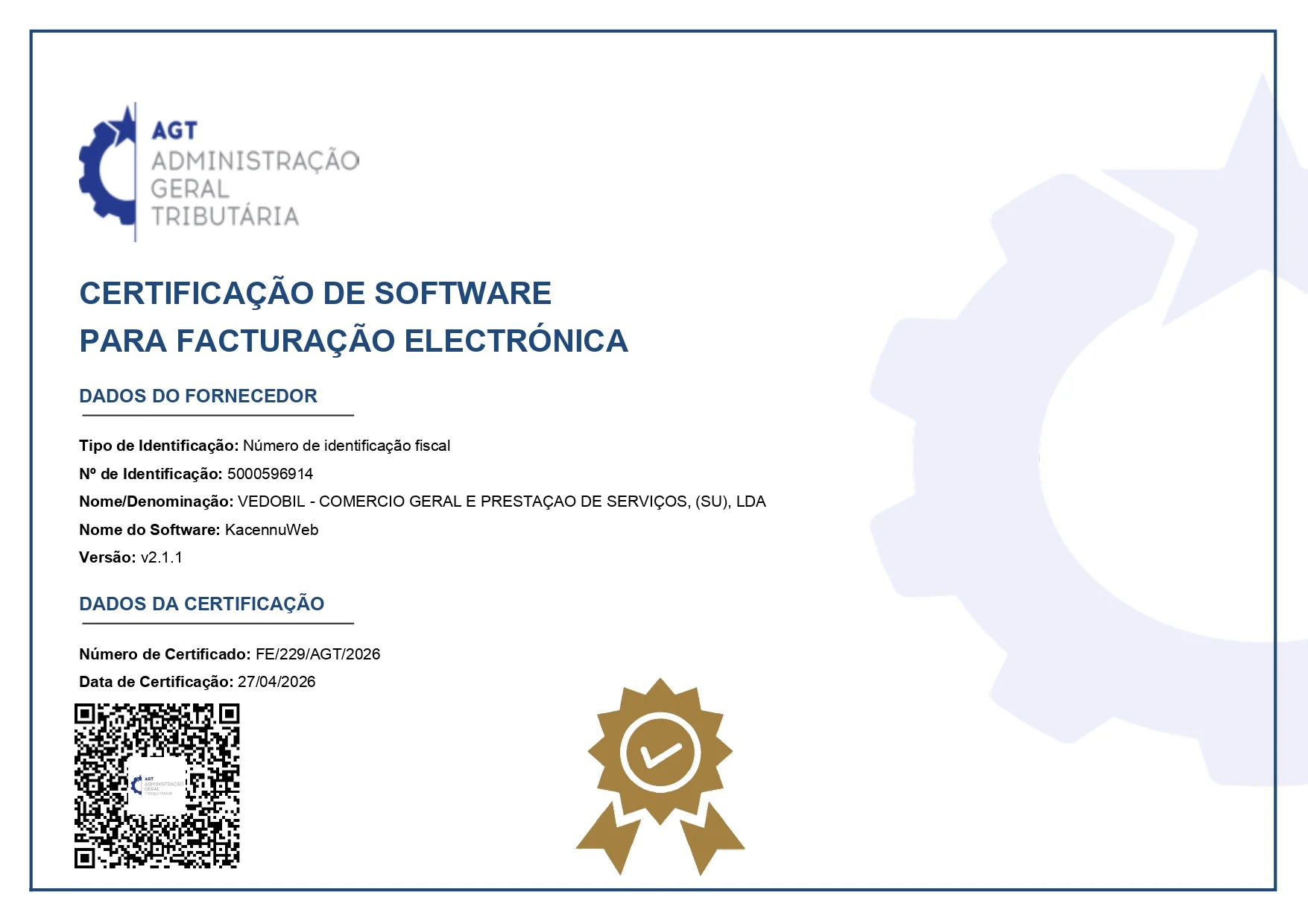 Kacennu Web Recebe Certificação Oficial da AGT para Facturação Electrónica em Angola