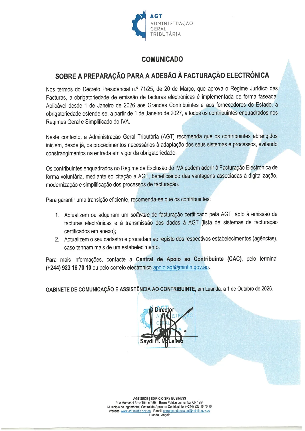 AGT confirma: Facturação Electrónica obrigatória para os Regimes Geral e Simplificado a partir de 1 de Janeiro de 2027