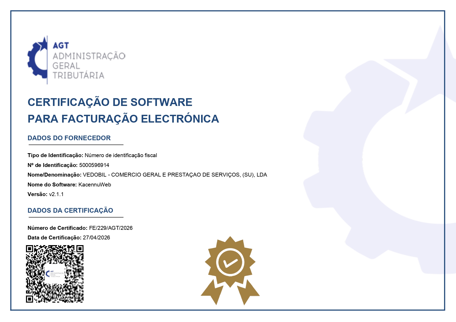 Certificado AGT FE/229/AGT/2026