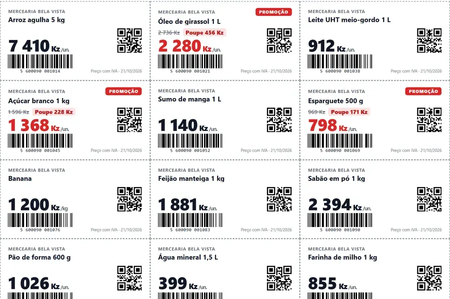 Folha de etiquetas de preço geradas pelo Kacennu, com promoções e código de barras