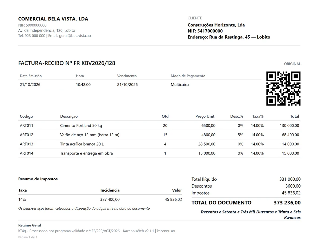 Exemplo de Factura-Recibo emitida no Kacennu, com QR code da AGT