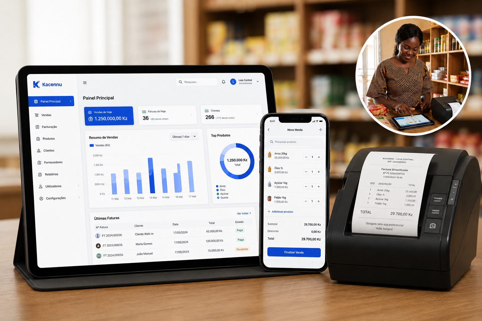 Kacennu no tablet, no telemóvel e com impressora de talões